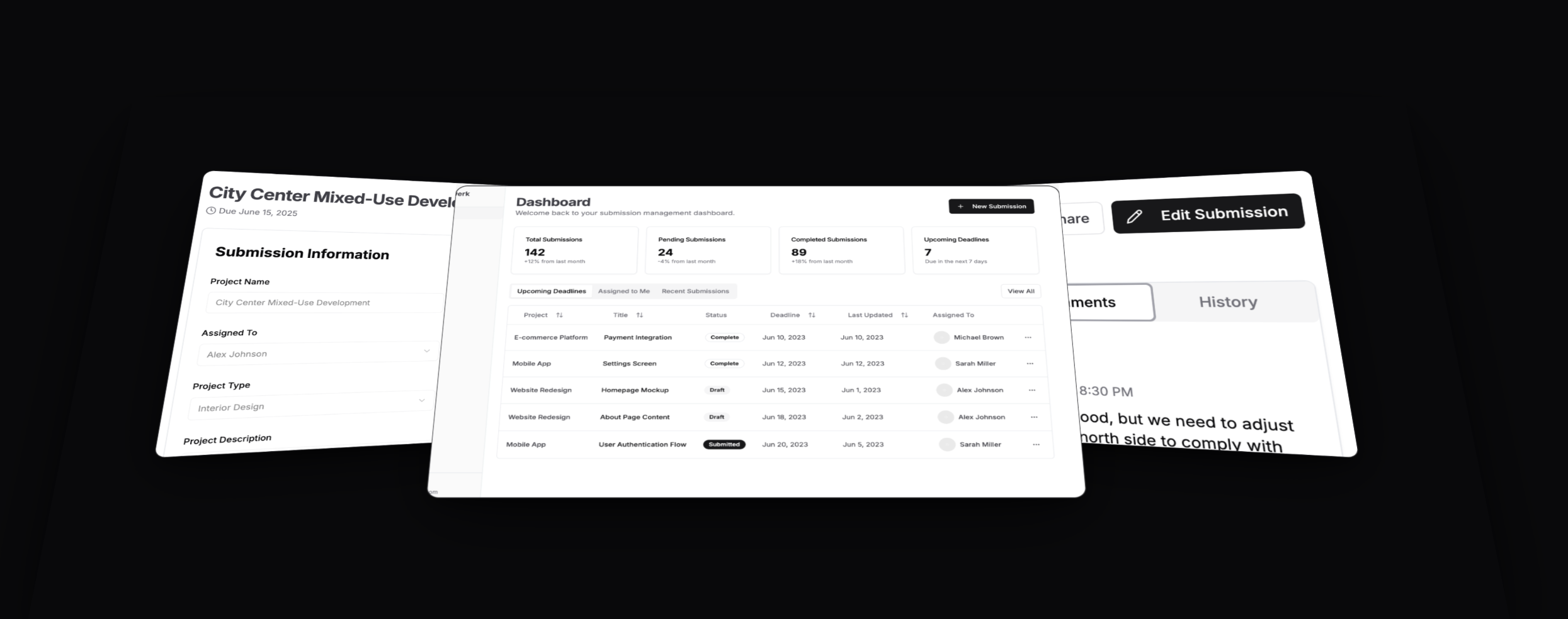 Formwerk submissions tracker — a submission record with project details and due date, a dashboard with totals, upcoming deadlines and assignments, and a comments thread with replies
